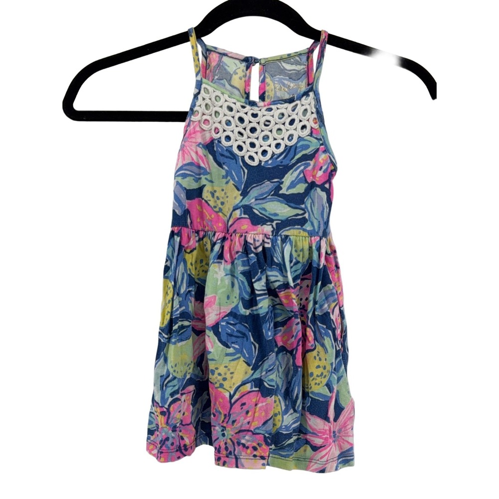Lilly Pulitzer Halter Dress Girls XS (2-3) Floral Cotton Blue Pink Yellow Green